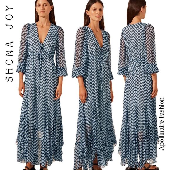 SHONA JOY ELINA DRAWSTRING MAXI DRESS IN NAVY ON BLUE SIZE 8 NWT - Picture 1 of 11